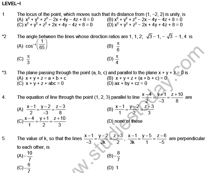 JEE Mathematics Three Dimensional Geometry MCQs Set A, Multiple Choice